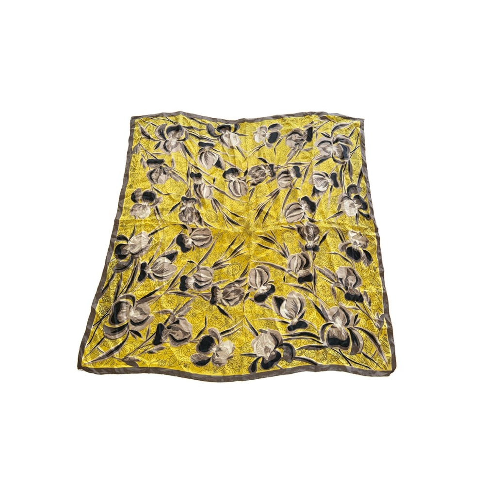 Vintage Floral Iris Square Scarf Yellow Brown Black Botanical Print Satin Wrap